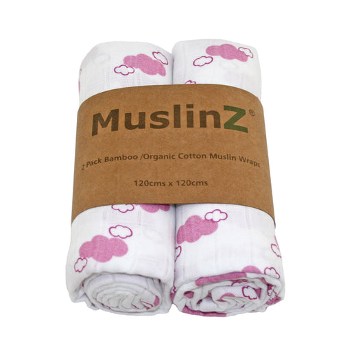 MuslinZ 2 Pack Bamboo/Organic Cotton Muslin Wraps 120x120cm - Cloud Print- Pink Cloud - The Monkey Box