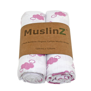 MuslinZ 2 Pack Bamboo/Organic Cotton Muslin Wraps 120x120cm - Cloud Print- Pink Cloud - The Monkey Box
