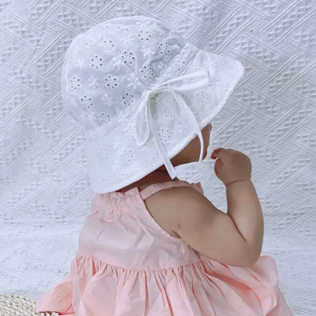 White Baby Sun Hat with chin tie - The Monkey Box