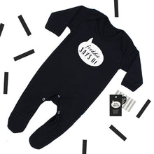 Load image into Gallery viewer, &#39;Baby Says Hi&#39; Slogan Black Personalise Sleepsuit, 0-3 months