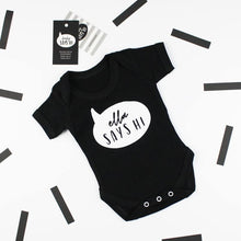 Load image into Gallery viewer, &#39;Baby Says Hi&#39; Slogan Black Personalise T shirt, 0-3 months