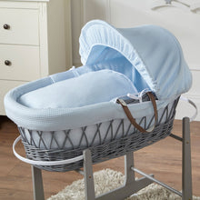 Load image into Gallery viewer, Blue Waffle Grey Wicker Baby Moses Basket With Stand