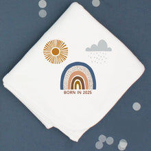 Load image into Gallery viewer, Born In 2025 Boho Rainbow White Cotton Baby Pram Blanket