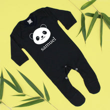 Load image into Gallery viewer, Personalise Panda Black Baby Sleepsuit, 0-3 Months