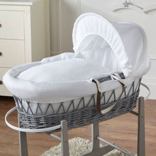 Load image into Gallery viewer, White Waffle Grey Wicker Baby Moses Basket With Stand