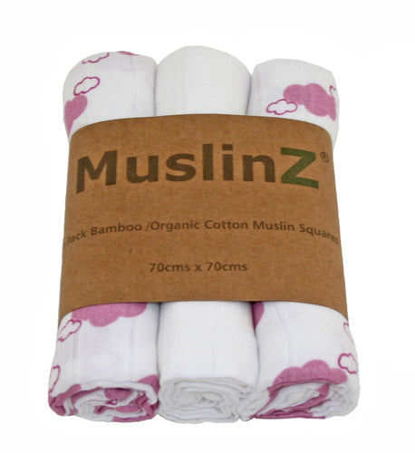 MuslinZ 3 Pack Bamboo/Organic Cotton Mulin Squares 70x70cm - Cloud Print - Pink Cloud - The Monkey Box