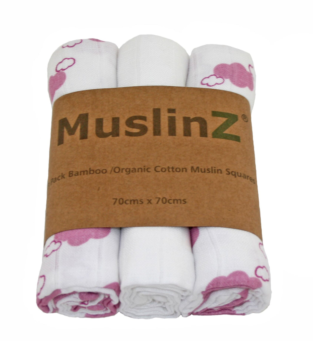 MuslinZ 3 Pack Bamboo/Organic Cotton Mulin Squares 70x70cm - Cloud Print - Pink Cloud - The Monkey Box