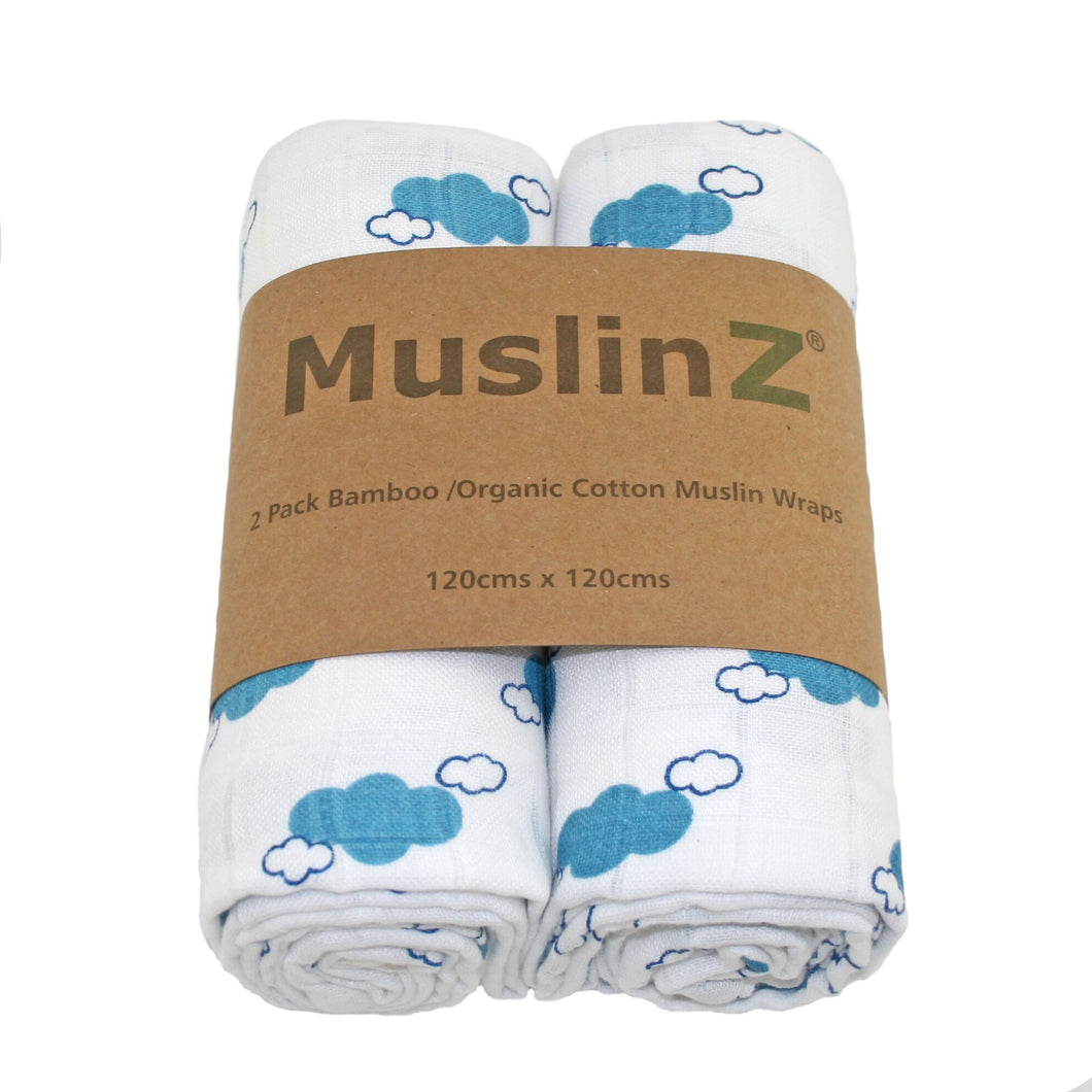 MuslinZ 2 Pack Bamboo/Organic Cotton muslin Wraps 120x120cm Cloud Print - Blue Cloud - The Monkey Box