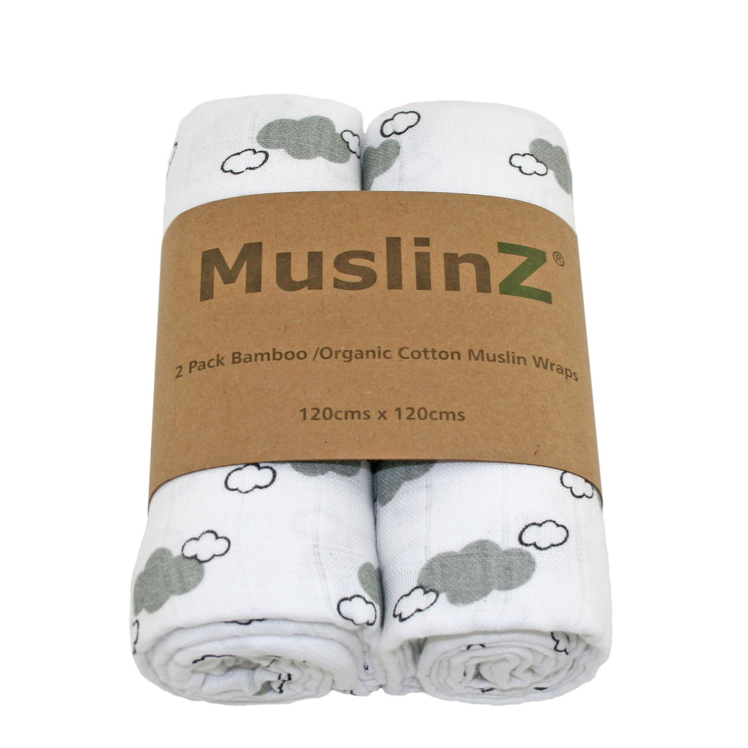 MuslinZ 2 Pack Bamboo/Organic Cotton Muslin Wraps 120x120cm Cloud Print - Grey Cloud - The Monkey Box