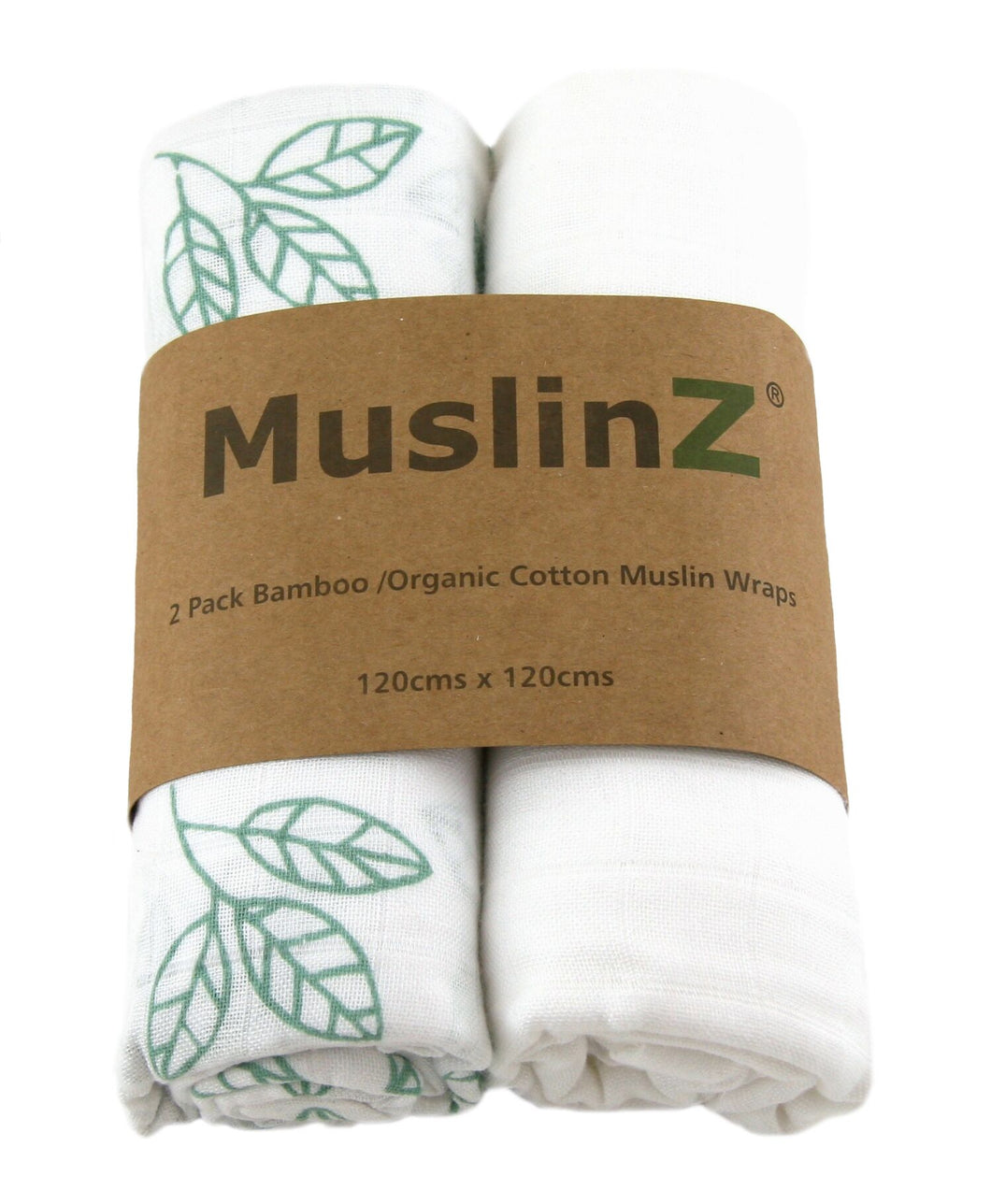 MuslinZ 2 Pack Bamboo/Organic Cotton Muslin Wraps 120x120cm - White Leaf/Print - White/Aqua Leaf - The Monkey Box