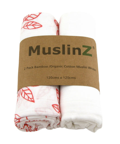 MuslinZ 2 Pack Bamboo/Organic Cotton Muslin Wraps 120x120cm - White/Leaf Print - White Coral/Leaf - The Monkey Box