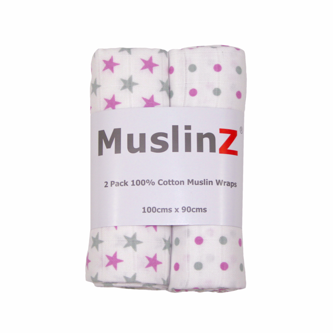 MuslinZ 2 Pack Muslin Swaddles 100x90cm - Violet Star/Spot - The Monkey Box