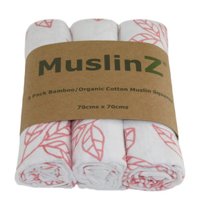 MuslinZ 3 Pack Bamboo/Organic Cotton Muslin Squares 70x70cm - Leaf Print - White/Coral Leaf