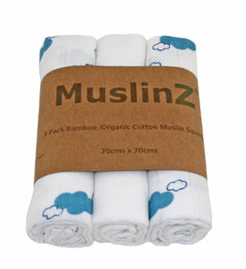 MuslinZ 3 Pack Bamboo/Organic Cotton Muslin Squares 70x70cm - Cloud Print- Blue Cloud - The Monkey Box