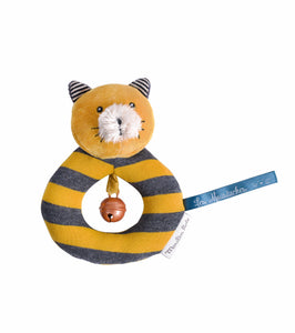 Moulin Roty Yellow ring rattle Lulu the cat Les Moustaches - The Monkey Box