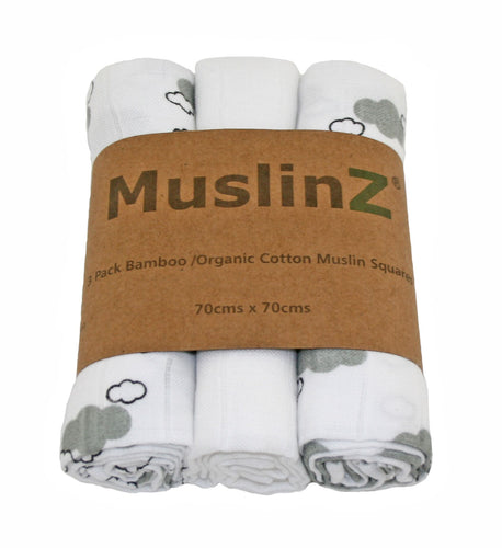 MuslinZ 3 Pack Bamboo/Organic Cotton Muslin Squares 70x70cm - Cloud Print - Grey Cloud - The Monkey Box
