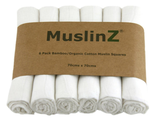 MuslinZ 6 Pack Bamboo/Organic Cotton White Muslin Squares 70x70cm - White - The Monkey Box