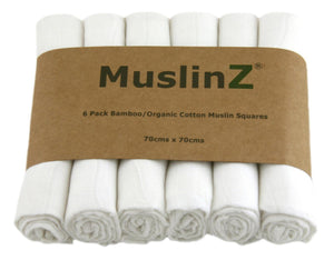 MuslinZ 6 Pack Bamboo/Organic Cotton White Muslin Squares 70x70cm - White - The Monkey Box