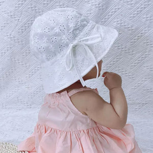 White Baby Sun Hat with chin tie - The Monkey Box