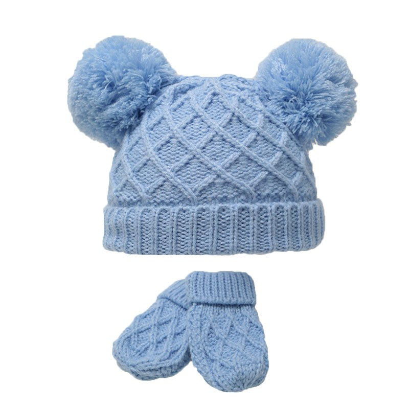 Diamond knit twin pom pom hat Baby Blue