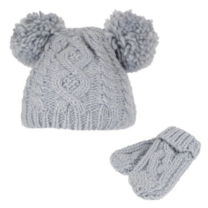 Grey Heavy Knit Twim Pom Pom Hat and Mitten Set