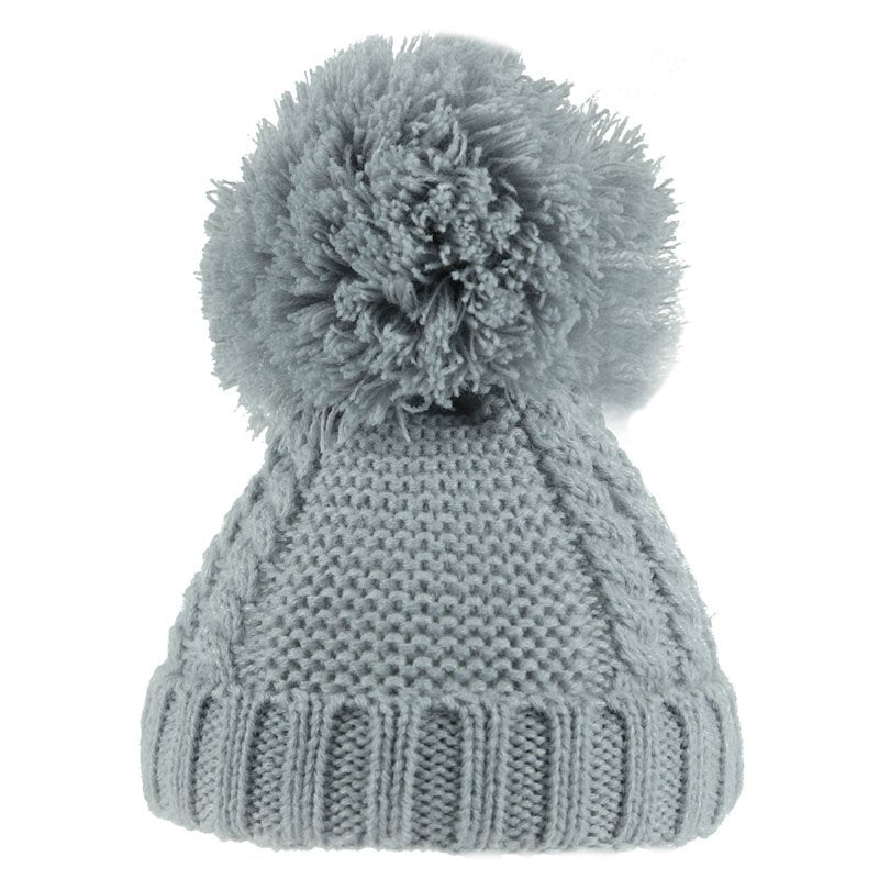 Grey Pearl and Cable Knit Pom Pom Baby Hat