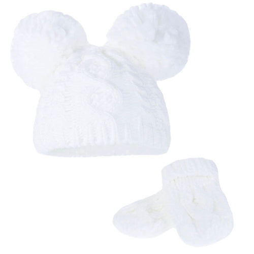White Heavy Knit Twim Pom Pom Hat and Mitten Set