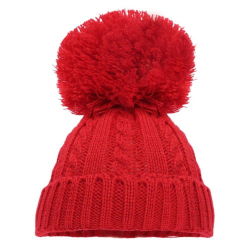 Red pom pom cable knit baby hat - The Monkey Box