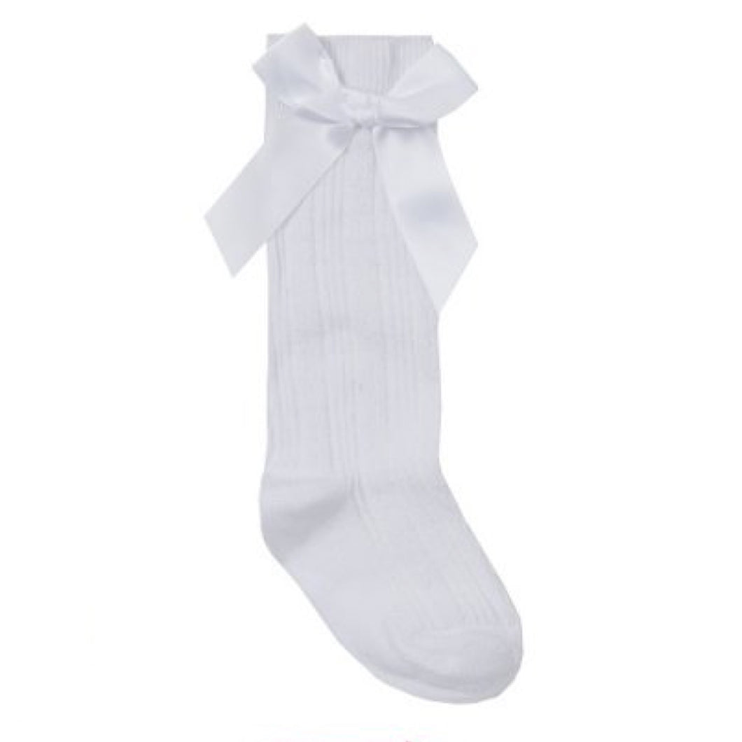 White Cable Knee High Socks with Side Bow