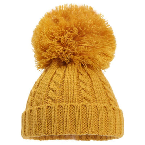 Large pom pom cable knit hat Mustard